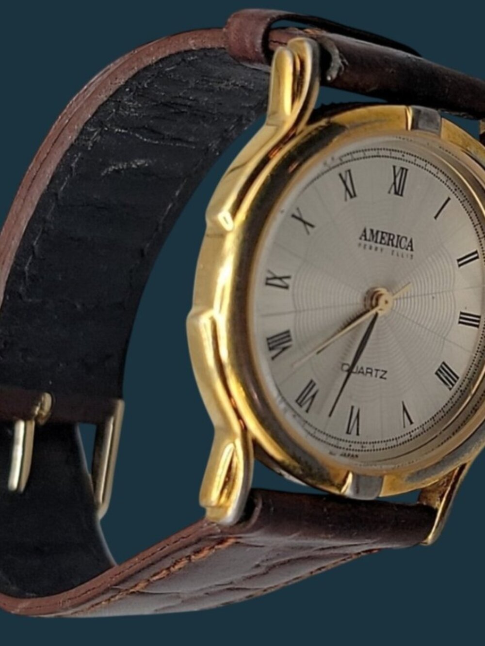 Vintage America Perry Ellis Quartz Watch 32mm Gold Case Brown Leather 7.5"